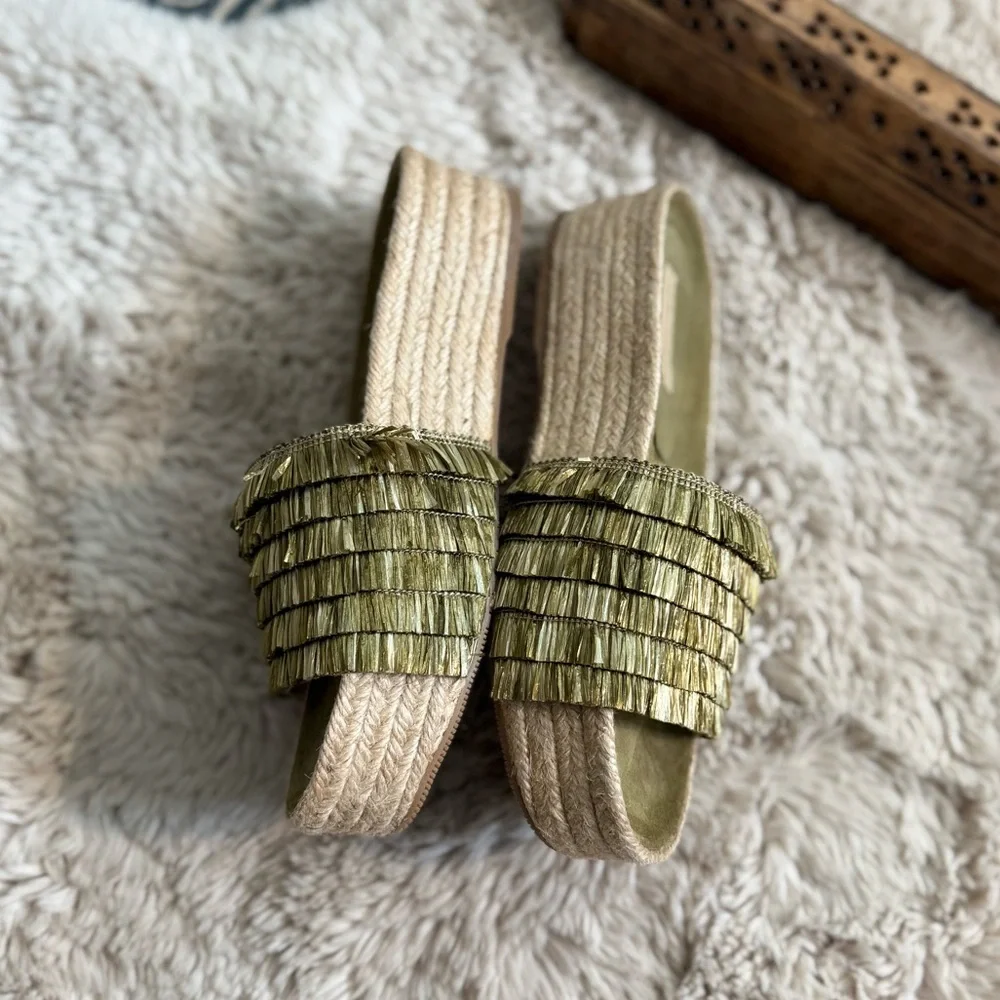 Paloma Barceló Olive Green Raffia Platform Slide Sandals - Picture 4 of 11